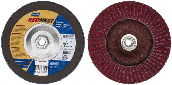 Norton - 40 Grit, 7" Disc Diam, 5/8-11 Center Hole, Type 29 Ceramic Flap Disc - 8,600 Max RPM, Fiberglass Backing, Arbor Attaching System, Coated - Exact Tooling