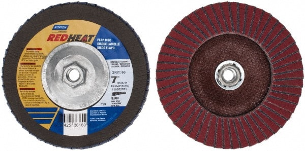 Norton - 60 Grit, 7" Disc Diam, 5/8-11 Center Hole, Type 29 Ceramic Flap Disc - 8,600 Max RPM, Fiberglass Backing, Arbor Attaching System, Coated - Exact Tooling