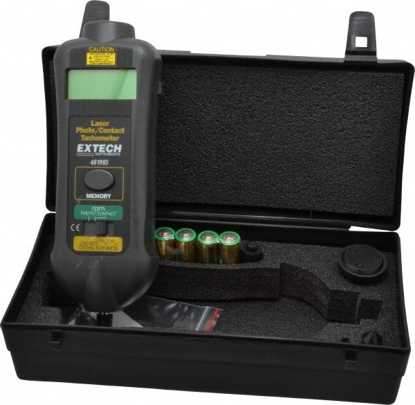 Extech - Accurate up to 0.05%, 0.1 (0.5 to 999.9) to 0.1 RPM Resolution, Contact Tachometer - 8-1/2 Inch Long x 2.5984 Inch Wide x 1-1/2 Inch Meter Thick, 0.5 (Contact) and 10 (Photo) to 19,999 (Contact) and 99,999 (Photo) RPM Measurement - Exact Tooling