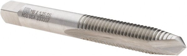 Union Butterfield - M8x1.25 Metric Coarse, 2 Flute, Bright Finish, High Speed Steel Spiral Point Tap - Plug Chamfer, Right Hand Thread, 2-23/32" OAL, 1-1/8" Thread Length, 0.318" Shank Diam, 6H Class of Fit, Series 1785M - Exact Tooling