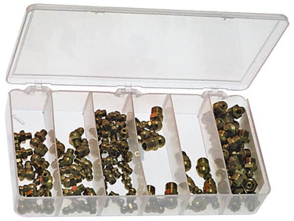Precision Brand - 90 Piece, Inch, Grease Fitting Set - Includes (30) 1/8 NPT x Straight, (5) 1/8 NPT x 45°, (5) 1/8 NPT x 90°, Grease Fittings: (30)1/4-28 x Straight, (10) 1/4-28 x 45°, (10) 1/4-28 x 90° - Exact Tooling