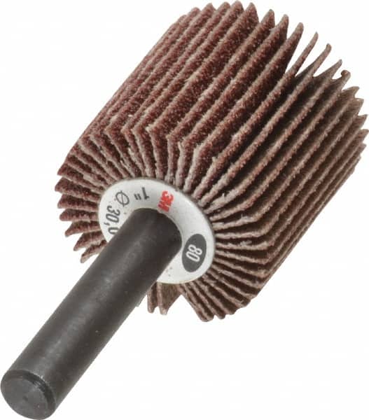 3M - 1" Diam x 1" Face Width, Medium Aluminum Oxide Coated Mounted Flap Wheel - 1/4" Shank Mount, 80 Grit, XE Weighted Cloth Backing, 30,000 Max RPM - Exact Tooling