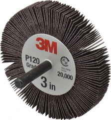 3M - 3" Diam x 1/2" Face Width, Fine Aluminum Oxide Coated Mounted Flap Wheel - 1/4" Shank Mount, 120 Grit, XE Weighted Cloth Backing, 18,000 Max RPM - Exact Tooling