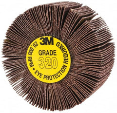 3M - 2" Diam x 1" Face Width, Extra Fine Aluminum Oxide Coated Mounted Flap Wheel - 1/4" Shank Mount, 320 Grit, XE Weighted Cloth Backing, 20,000 Max RPM - Exact Tooling