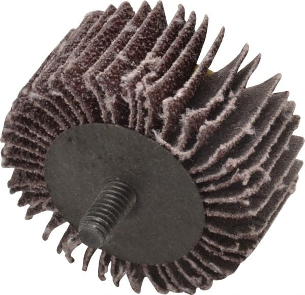 3M - 2" Diam x 1" Face Width, Coarse Aluminum Oxide Coated Mounted Flap Wheel - 1/4-20 Threaded Mount, 40 Grit, X Weighted Cloth Backing, 20,000 Max RPM - Exact Tooling