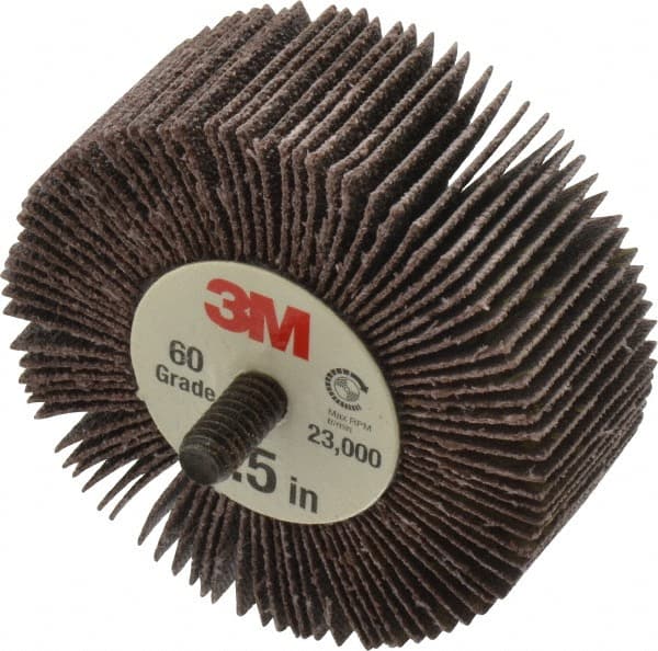 3M - 2-1/2" Diam x 1" Face Width, Medium Aluminum Oxide Coated Mounted Flap Wheel - 1/4-20 Threaded Mount, 60 Grit, XE Weighted Backing, 18,000 Max RPM - Exact Tooling