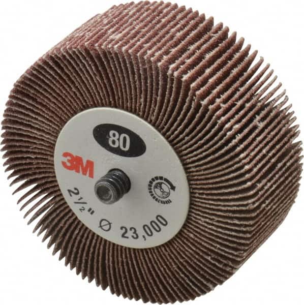 3M - 2-1/2" Diam x 1" Face Width, Medium Aluminum Oxide Coated Mounted Flap Wheel - 1/4-20 Threaded Mount, 80 Grit, XE Weighted Cloth Backing, 20,000 Max RPM - Exact Tooling