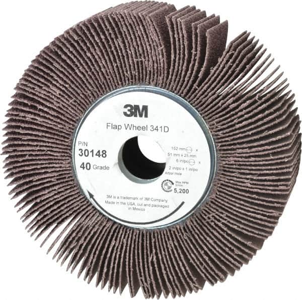 3M - 6" Diam, 40 Grit Aluminum Oxide Unmounted Flap Wheel - 1" Hole, 2" Wide, Coated, Coarse Grade, 5,200 Max RPM , X Weighted, Cloth Backing - Exact Tooling