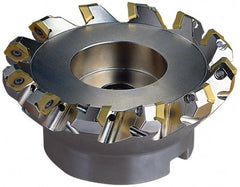 Seco - 4.49" Cut Diam, 1-1/2" Arbor Hole, 0.236" Max Depth of Cut, 45° Indexable Chamfer & Angle Face Mill - 10 Inserts, SE.X 43 Insert, Right Hand Cut, 10 Flutes, Through Coolant, Series R220.53 - Exact Tooling