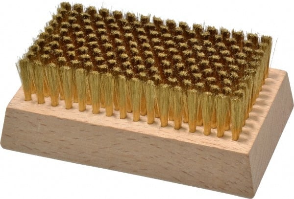 Made in USA - 3/4" Bristle Length, Brass Cleaning & Finishing Brush - 4-1/4" Long x 2-1/2" Wide Head, 4-1/4" OAL, Hardwood Block - Exact Tooling