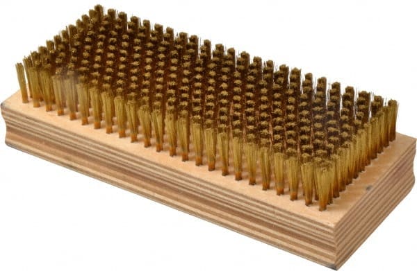 Made in USA - 3/4" Bristle Length, Brass Cleaning & Finishing Brush - 6-1/2" Long x 2-5/8" Wide Head, 6-1/2" OAL, Hardwood Block - Exact Tooling
