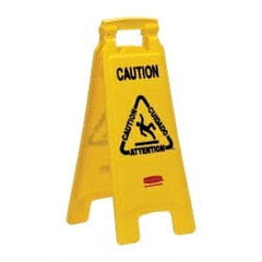 Rubbermaid - Caution, 11" Wide x 25" High, Plastic Floor Sign - English/French/Spanish, A-Frame, Black on Yellow, For Restroom, Janitorial & Housekeeping - Exact Tooling