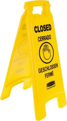 Rubbermaid - Closed, 11" Wide x 25" High, Plastic Floor Sign - English/French/German/Spanish, A-Frame, Black on Yellow, For Restroom, Janitorial & Housekeeping - Exact Tooling