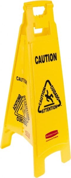 Rubbermaid - Caution, 12" Wide x 37" High, Plastic Floor Sign - English/French/Spanish, A-Frame, Black on Yellow, For Restroom, Janitorial & Housekeeping - Exact Tooling