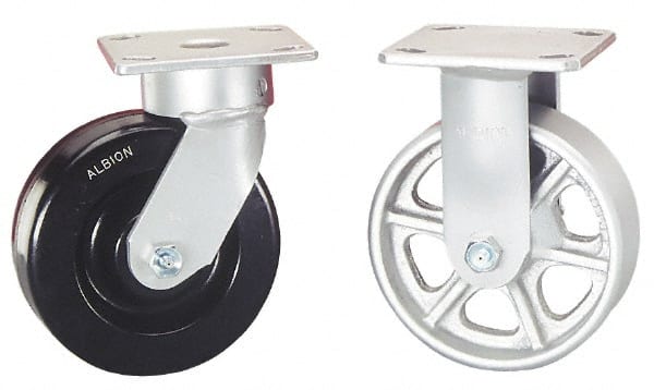 Albion - 5" Diam x 2" Wide x 6-1/2" OAH Top Plate Mount Rigid Caster - Phenolic, 1,000 Lb Capacity, Roller Bearing, 4 x 4-1/2" Plate - Exact Tooling