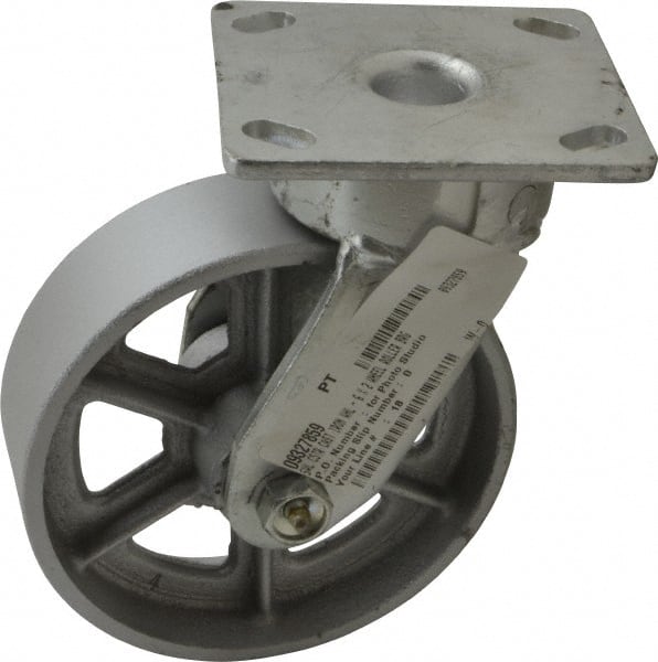 Albion - 6" Diam x 2" Wide x 7-1/2" OAH Top Plate Mount Swivel Caster - Cast Iron, 1,200 Lb Capacity, Roller Bearing, 4 x 4-1/2" Plate - Exact Tooling