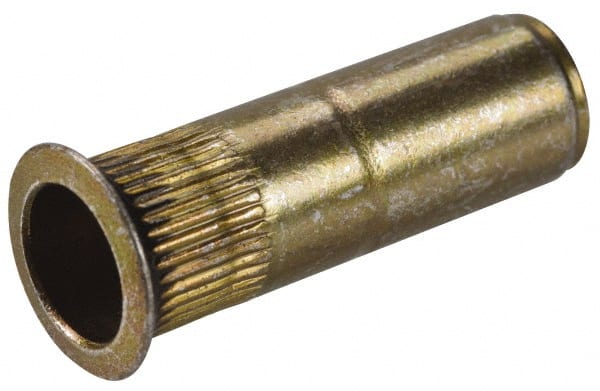Made in USA - #10-32, 0.296 Insert Diam, 0.99" OAL, Knurled Body Closed End Threaded Insert - 0.2969" Hole Diam, 0.415" Head Diam, 1008/1010 Steel, Clear Protective Coating & Zinc Yellow Dichromate Finish - Exact Tooling
