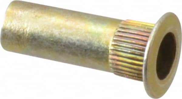 Made in USA - #6-32, 0.265 Insert Diam, 0.74" OAL, Knurled Body Closed End Threaded Insert - 0.2656" Hole Diam, 0.39" Head Diam, 1008/1010 Steel, Clear Protective Coating & Zinc Yellow Dichromate Finish - Exact Tooling