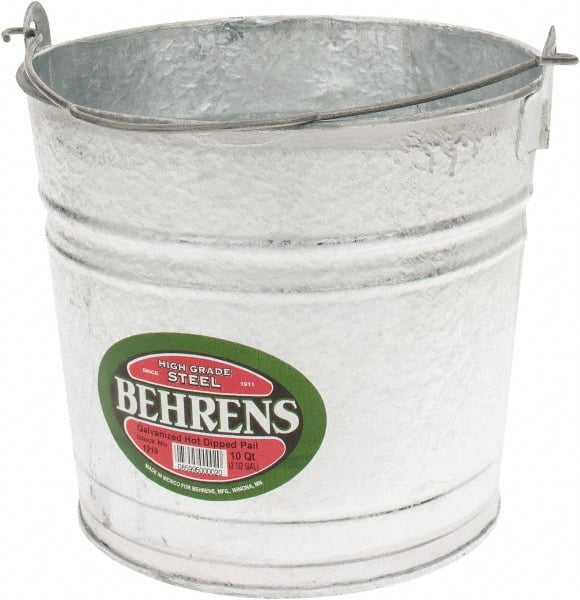 PRO-SOURCE - 10 Qt, 10-1/4" High, Galvanized Steel Round Gray Single Pail - Handle Included, 11" Top Diam - Exact Tooling