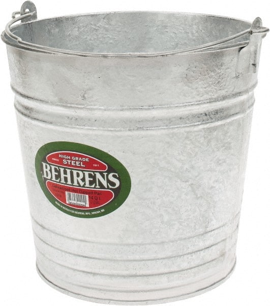 PRO-SOURCE - 14 Qt, 11-1/2" High, Galvanized Steel Round Gray Single Pail - Handle Included, 12-3/4" Top Diam - Exact Tooling