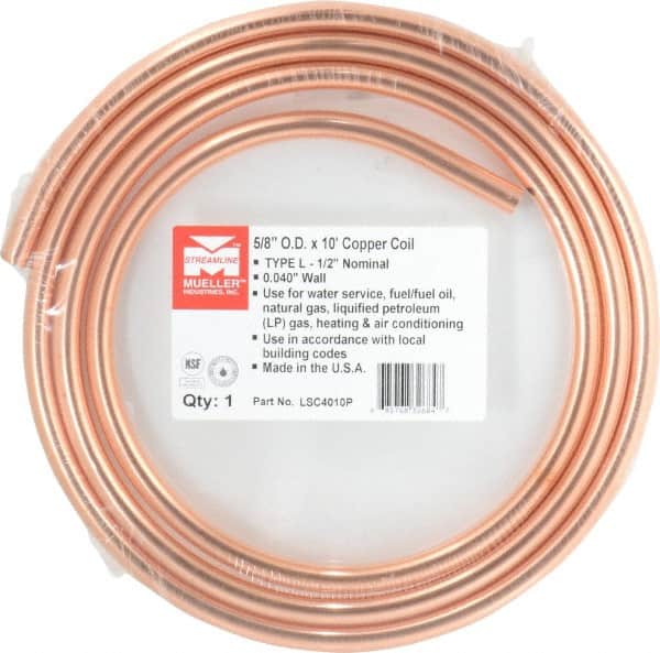 Mueller Industries - 10' Long, 5/8" OD x 0.42" ID, Copper Seamless Tube - 0.04" Wall Thickness, 0.285 Ft/Lb - Exact Tooling