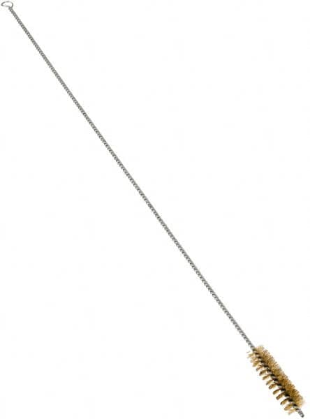 Schaefer Brush - 3" Long x 7/8" Diam Brass Long Handle Wire Tube Brush - Single Spiral, 27" OAL, 0.006" Wire Diam, 3/8" Shank Diam - Exact Tooling