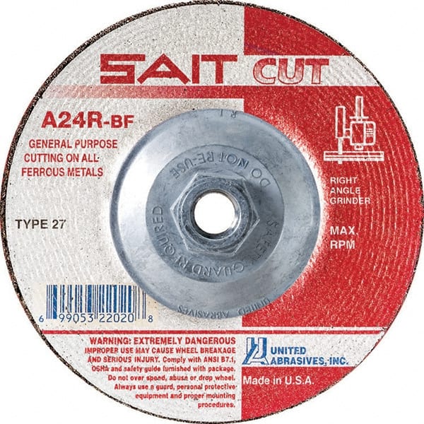 Sait - 24 Grit, 4-1/2" Wheel Diam, 3/32" Wheel Thickness, Type 27 Depressed Center Wheel - Aluminum Oxide, Resinoid Bond, R Hardness, 13,300 Max RPM, Compatible with Angle Grinder - Exact Tooling