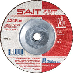 Sait - 24 Grit, 4-1/2" Wheel Diam, 3/32" Wheel Thickness, Type 27 Depressed Center Wheel - Aluminum Oxide, Resinoid Bond, R Hardness, 13,300 Max RPM, Compatible with Angle Grinder - Exact Tooling