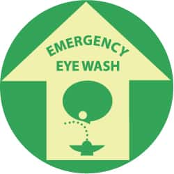 NMC - Emergency Eye Wash, Anti-Skid Polyester Floor Sign - Round, Green on Yellow (Glow), Adhesive Backed, For First Aid - Exact Tooling