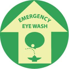 NMC - Emergency Eye Wash, Anti-Skid Polyester Floor Sign - Round, Green on Yellow (Glow), Adhesive Backed, For First Aid - Exact Tooling