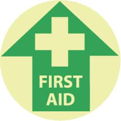 NMC - First Aid, Anti-Skid Polyester Floor Sign - Round, Green on Yellow (Glow), Adhesive Backed, For First Aid - Exact Tooling