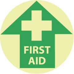 NMC - First Aid, Anti-Skid Polyester Floor Sign - Round, Green on Yellow (Glow), Adhesive Backed, For First Aid - Exact Tooling