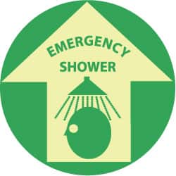NMC - Emergency Shower, Anti-Skid Polyester Floor Sign - Round, Green on Yellow (Glow), Adhesive Backed, For First Aid - Exact Tooling