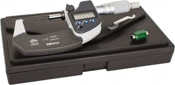 Mitutoyo - 1 to 50.8mm Measurement, Spherical Face Micrometer - Accuracy Up to 0.0001 Inch, Data Output, 0.0001 Inch Resolution, Electronic Operation, Ratchet Stop Thimble, IP 65 Water Resistance Rating, SR44 Battery - Exact Tooling