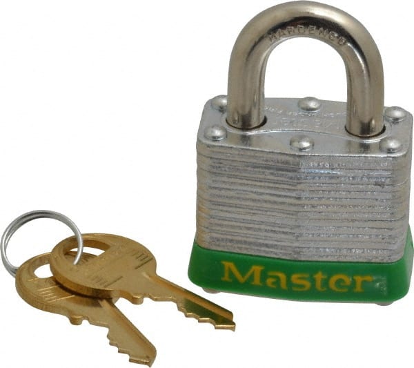 Master Lock - Keyed Alike Retaining Key Conductive Lockout Padlock - 3/4" Shackle Clearance, 9/32" Shackle Diam, 1-1/4" Body Height x 1-9/16" Body Width, Green, 4 Pins - Exact Tooling