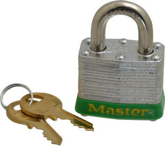Master Lock - Keyed Alike Retaining Key Conductive Lockout Padlock - 3/4" Shackle Clearance, 9/32" Shackle Diam, 1-1/4" Body Height x 1-9/16" Body Width, Green, 4 Pins - Exact Tooling
