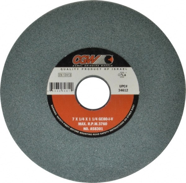 Camel Grinding Wheels - 7" Diam x 1-1/4" Hole x 1/4" Thick, I Hardness, 80 Grit Surface Grinding Wheel - Silicon Carbide, Type 1, Medium Grade, 3,760 Max RPM, Vitrified Bond, No Recess - Exact Tooling