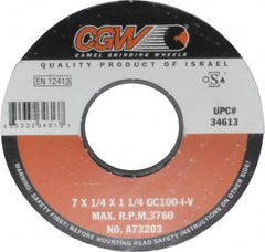 Camel Grinding Wheels - 7" Diam x 1-1/4" Hole x 1/4" Thick, I Hardness, 100 Grit Surface Grinding Wheel - Silicon Carbide, Type 1, Fine Grade, 3,760 Max RPM, Vitrified Bond, No Recess - Exact Tooling