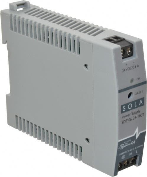Sola/Hevi-Duty - 100 Watt, 0.60 Amp, 264 VAC, 375 VDC Input, 24 to 28 VDC Output, DIN Rail Power Supply - Screw Terminal Connection, 1 Output, 0.9 Inch Wide x 3.8 Inch Deep x 2.95 Inch High, Up to 80% Efficiency, 14 to 140°F, Green LED Display - Exact Tooling