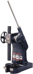 Dake - 1-1/4" Ram, 7" Throat Depth, 3 Ton Manual Arbor Press - 10-3/4" Max Work Height x 14" Max Work Width, Ratchet Leverage, 48:1 Leverage Ratio, 7-1/4" Base Width x 18" Base Depth - Exact Tooling