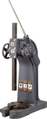 Dake - 1-1/4" Ram, 7" Throat Depth, 3 Ton Manual Arbor Press - 17-1/2" Max Work Height x 14" Max Work Width, Ratchet Leverage, 48:1 Leverage Ratio, 8-1/4" Base Width x 21" Base Depth - Exact Tooling