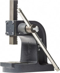 Dake - 1" Ram, 3-1/2" Throat Depth, 1 Ton Manual Arbor Press - 4-1/2" Max Work Height x 7" Max Work Width, Single Leverage, 25:1 Leverage Ratio, 4-1/4" Base Width x 9-1/2" Base Depth - Exact Tooling
