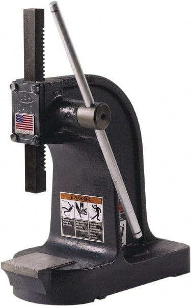 Dake - 1" Ram, 4-1/2" Throat Depth, 1-1/2 Ton Manual Arbor Press - 7-3/4" Max Work Height x 9" Max Work Width, Single Leverage, 32:1 Leverage Ratio, 6" Base Width x 15" Base Depth - Exact Tooling