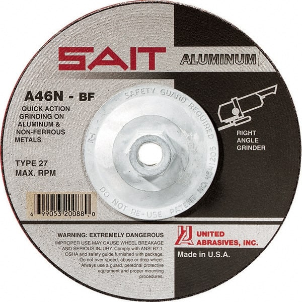 Sait - 46 Grit, 4-1/2" Wheel Diam, 1/4" Wheel Thickness, Type 27 Depressed Center Wheel - Aluminum Oxide, Resinoid Bond, N Hardness, 13,300 Max RPM, Compatible with Angle Grinder - Exact Tooling