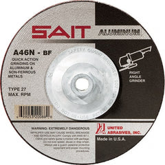 Sait - 46 Grit, 7" Wheel Diam, 1/4" Wheel Thickness, Type 27 Depressed Center Wheel - Aluminum Oxide, Resinoid Bond, N Hardness, 8,500 Max RPM, Compatible with Angle Grinder - Exact Tooling