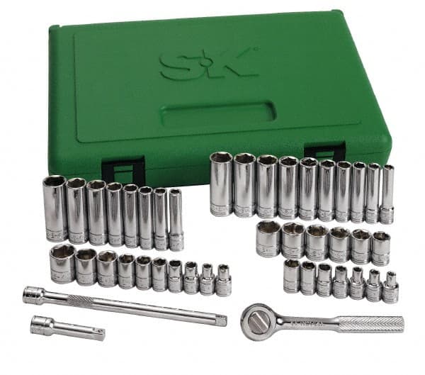 SK - 44 Piece 1/4" Drive Standard Deep Socket Set - 6 Points, 3/16 to 9/16", 4 to 15mm, Inch/Metric Measurement Standard - Exact Tooling