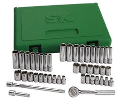 SK - 44 Piece 1/4" Drive Standard Deep Socket Set - 6 Points, 3/16 to 9/16", 4 to 15mm, Inch/Metric Measurement Standard - Exact Tooling