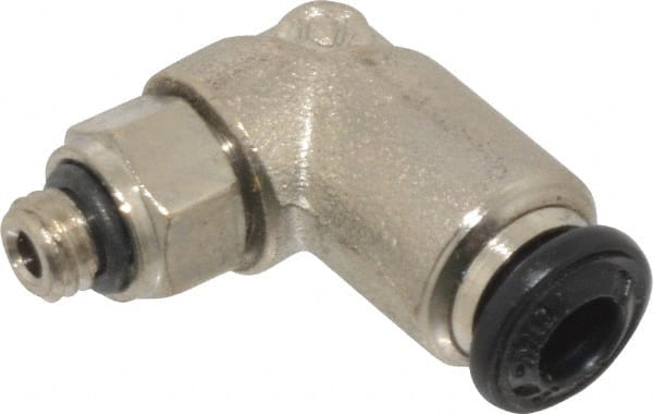 Alpha Technologies - 4mm Outside Diam, M5 Metric, Nickel Plated Brass Push-to-Connect Tube Male Swivel Elbow - 250 Max psi, Tube to Metric Thread Connection, Buna O-Ring - Exact Tooling
