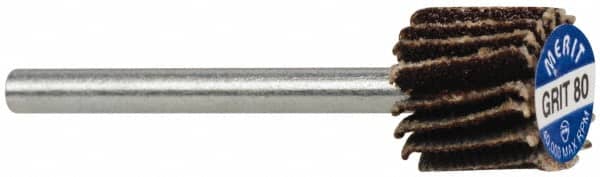 Merit Abrasives - 3/8" Diam x 3/8" Face Width, Medium Aluminum Oxide Coated Mounted Flap Wheel - 1/8" Shank Mount, 80 Grit, Cloth Backing, 40,000 Max RPM - Exact Tooling