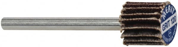 Merit Abrasives - 3/8" Diam x 3/8" Face Width, Fine Aluminum Oxide Coated Mounted Flap Wheel - 1/8" Shank Mount, 120 Grit, Cloth Backing, 40,000 Max RPM - Exact Tooling